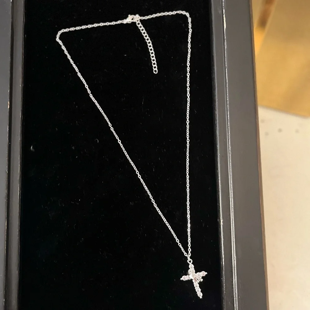 Silver Zircon Cross Pendant Necklace w/ Rotatable Crown 18” Chain Gifts For Her